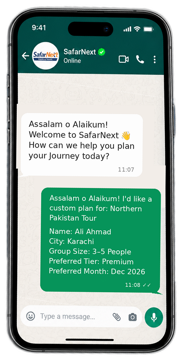 SafarNext WhatsApp chat on phone